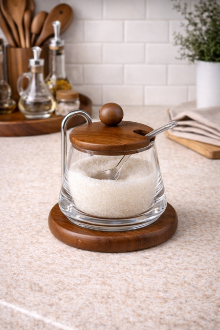 سكريه بيضاوي قاعدة خشب اكاسيا وملعقة 