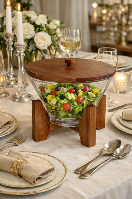 جاط سلطة مع قاعده خشب ومغارف اكريلك 