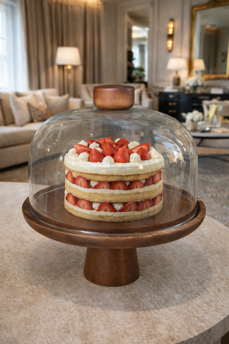 مضيفة كيك مع قاعده خشب وغطا زجاج