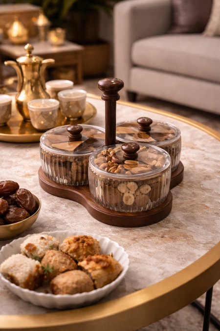 مضيفة تقديم مع 3 علب خشب مع ريزن