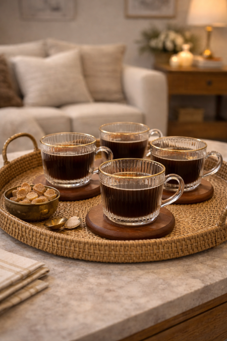 طقم 6 فناجين قهوة شفاف مع صحن خشب