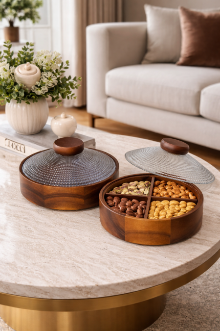 مضيفة تقديم مقسمة 4 خشب مع غطا زجاج 21 سم