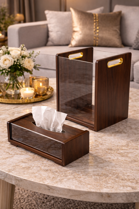 طقم سلة مع بكيت محارم خشب مع اكريلك