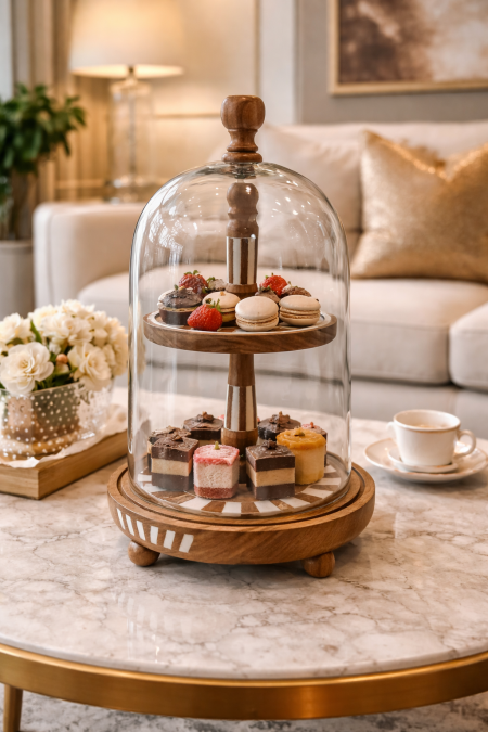 مضيفة تقديم خشب طبقتين مع غطا زجاج