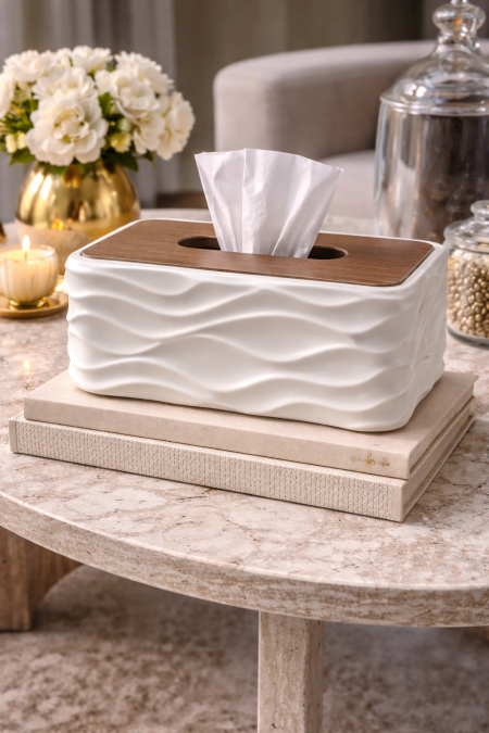 بكيت محارم مموج غطا خشب ابيض