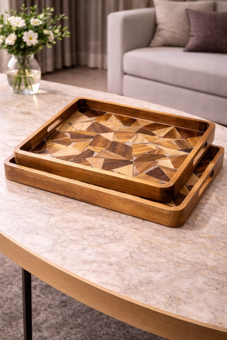 طقم صواني خشب قطعتين ريزن مع خشب