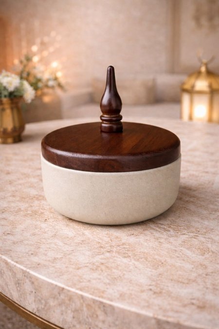 مضيفة تقديم فخار مع غطا خشب