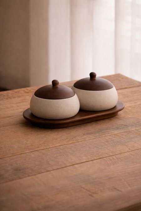 مضيفة تقديم قاعدة خشب مع علبتين فخار