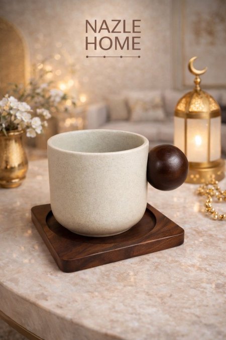 فنجان قهوة فخار مع صحن خشب