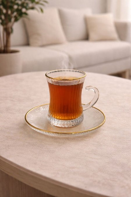 طقم 6 كاسات شاي محزز مع صحون