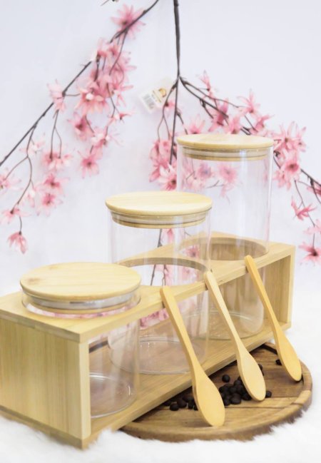 طقم سكريات 3 احجام مع ستاند خشب بامبو + 3 ملاعق