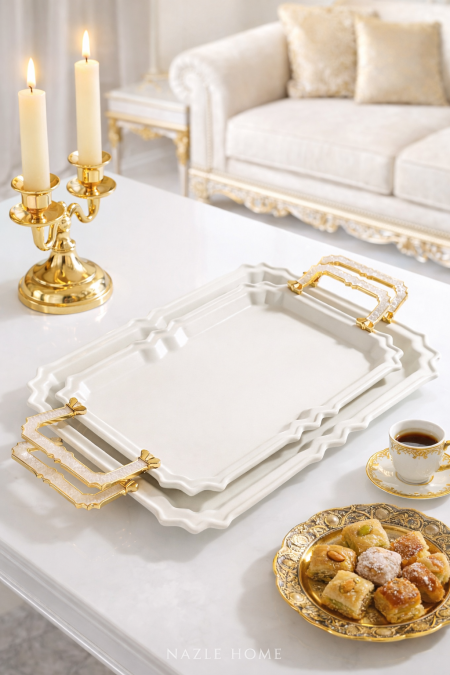 طقم صواني قطعتين ابيض يد ذهبي