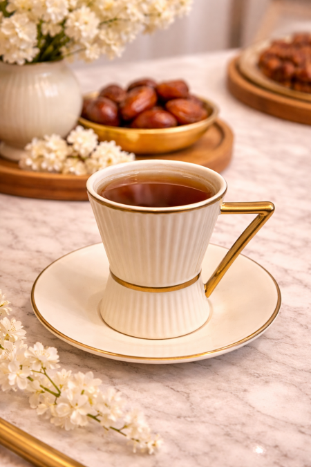 طقم 6 كاسات شاي مع صحون افوايت حز ذهبي