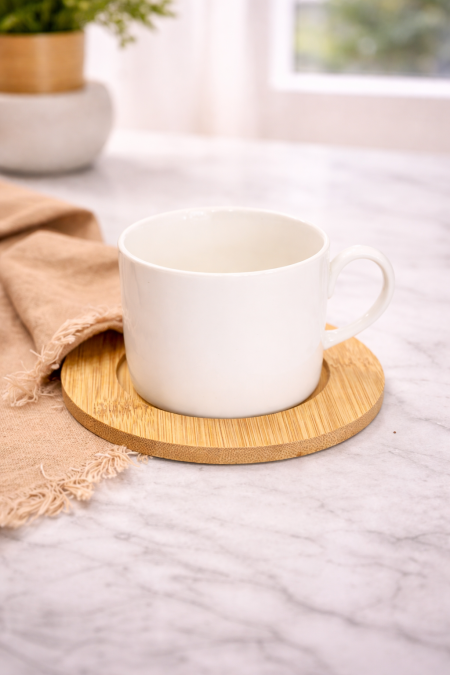 طقم كاسات ابيض مع صحون خشب - 6*6