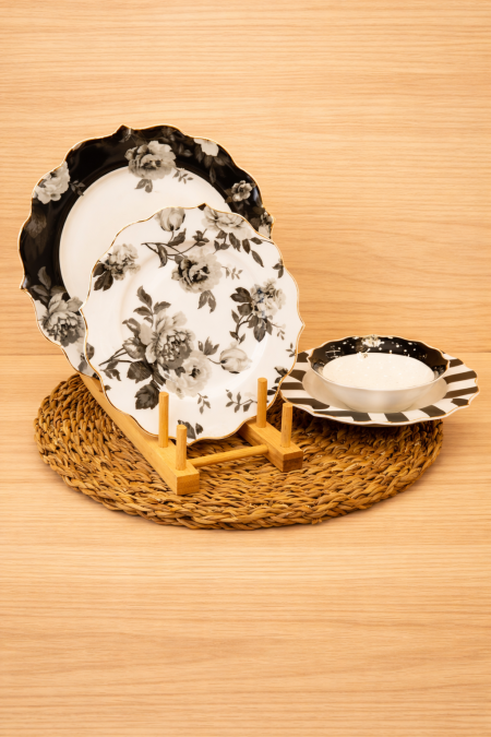 طقم سفرة 24 قطعة ابيض واسود مورد