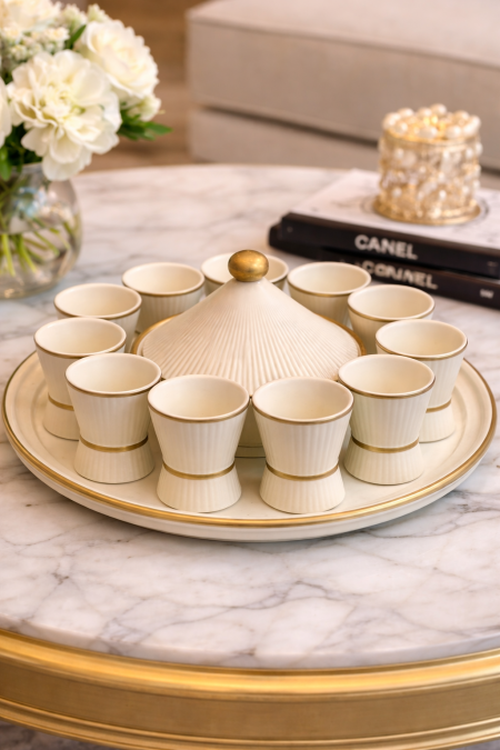 طقم صينية + 12 فنجان قهوة ساده +مضيفة