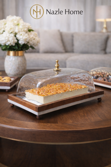 مضيفة كيك انجلش مع غطا زجاج خشب ورخام