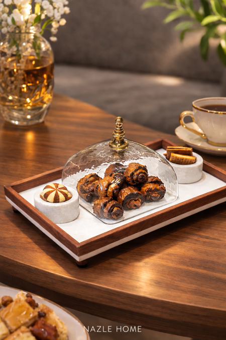 مضيفة تقديم رخام وخشب مع غطا زجاج