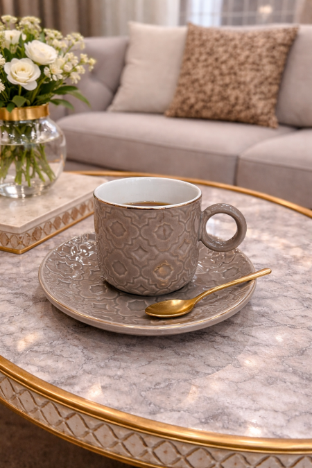 طقم 6 فناجين قهوة مع صحون بيج غامق