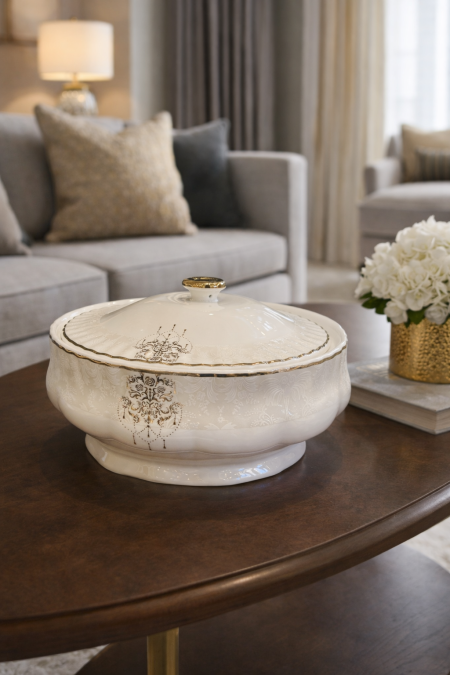 مضيفة تقديم مع غطاء مزخرف لون بيج