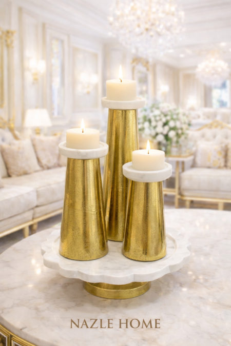 طقم شمعدان ثلاثي مع قاعدة رخام ونحاس <br> <span class='text-color-warm'>نفدت الكمية</span>