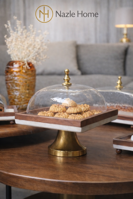مضيفة تقديم خشب ورخام مع غطا زجاج