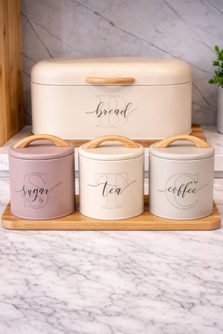 طقم معدن 4 قطع حافظة خبز + سكريات مسكة خشب new collection