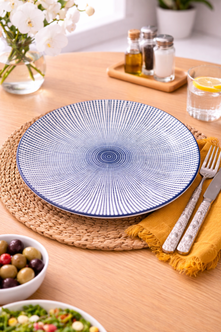 صحن مدور حجم كبير  - ازرق وابيض مع نقشة