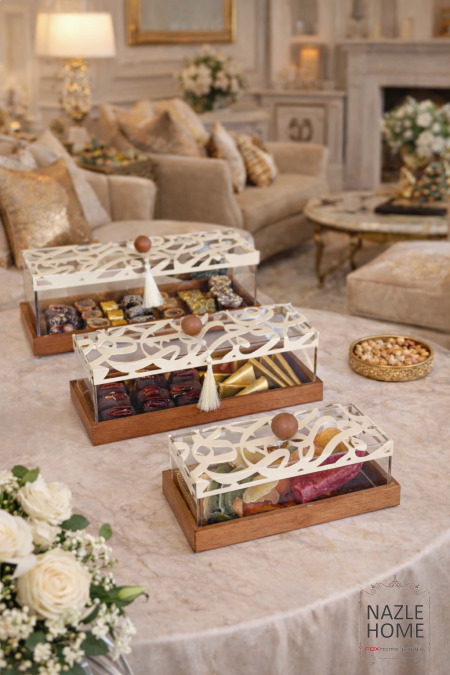 مضيفة تقديم مستطيل خشب غطا اكريلك خط عربي لون بيج و خشبي