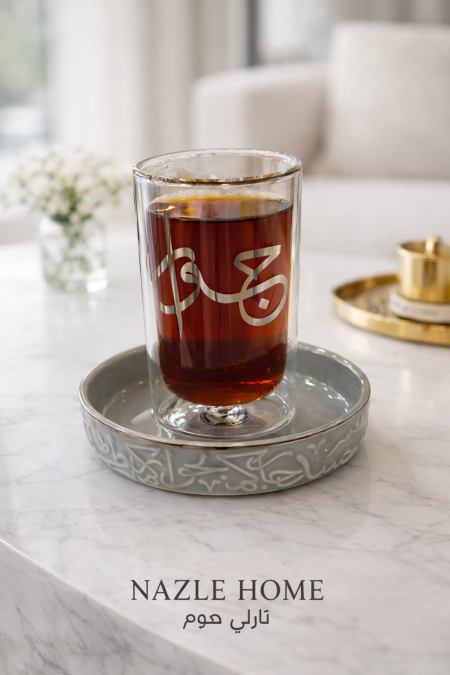 طقم 6 كاسات شاي / قرفة دبل جلاس مع صحون جوار