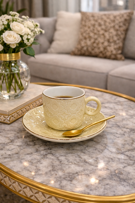 طقم 6 فناجين قهوة مع صحون بيج فاتح