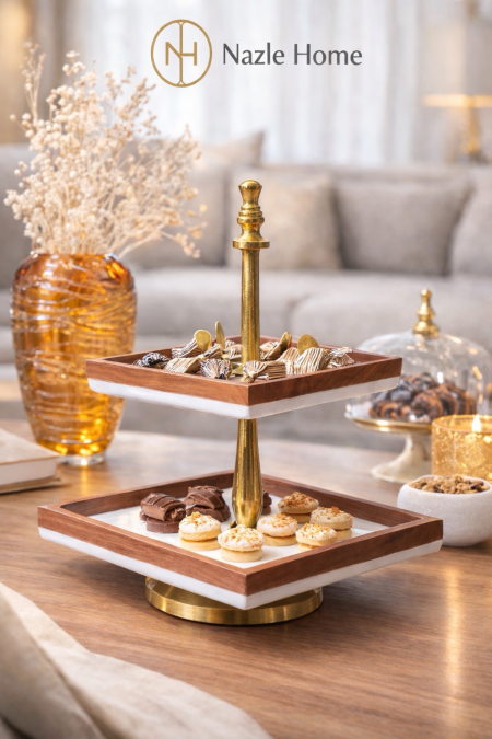 مضيفة تقديم طبقتين وخام وخشب