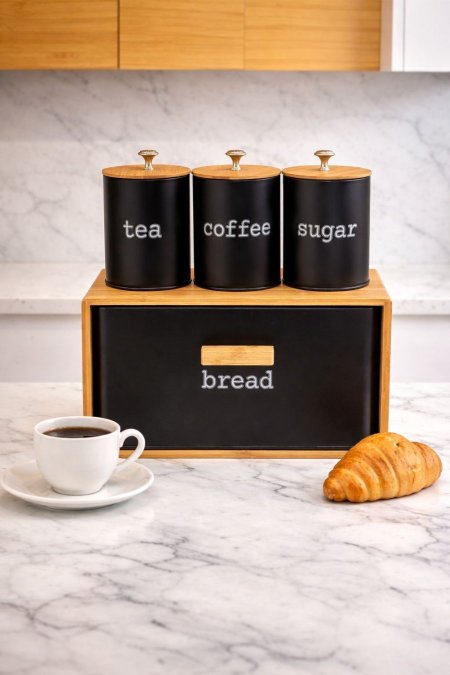 طقم 4 قطع معدن وخشب حافظة خبز + سكرياتnew collection