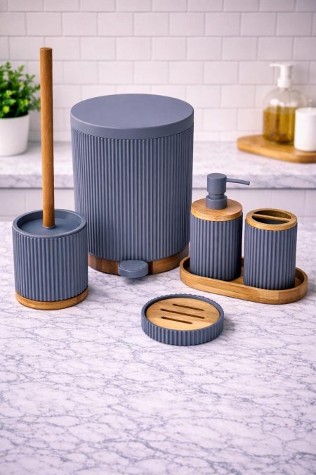 طقم حمام 6 قطع رمادي وخشبnew collection