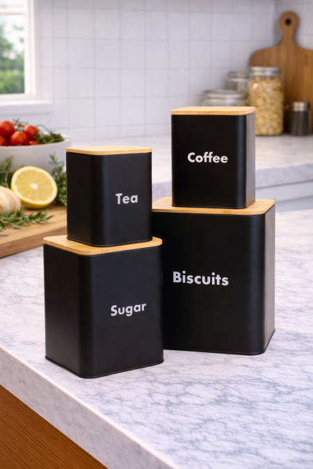 طقم 4 قطع سكريات وعلبة بسكويت - لون اسود