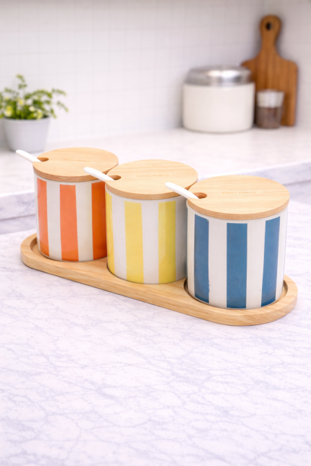 طقم سكريات ملون- مع ملاعق  - غطا بامبو