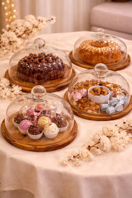 مضيفة تقديم دائري مع غطا زجاج