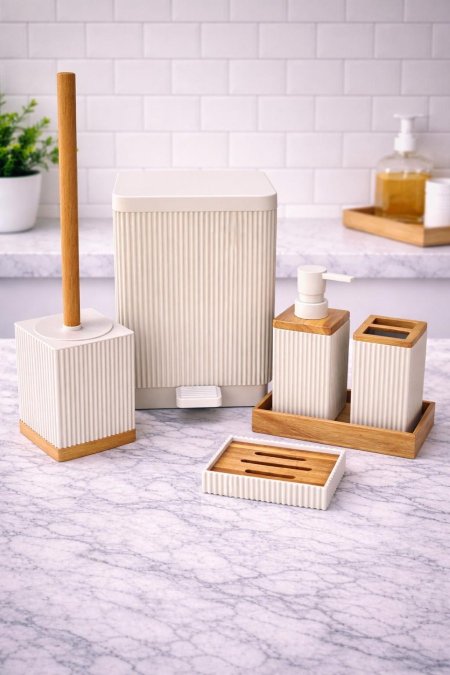 طقم حمام 6 قطع بيج وخشبnew collection