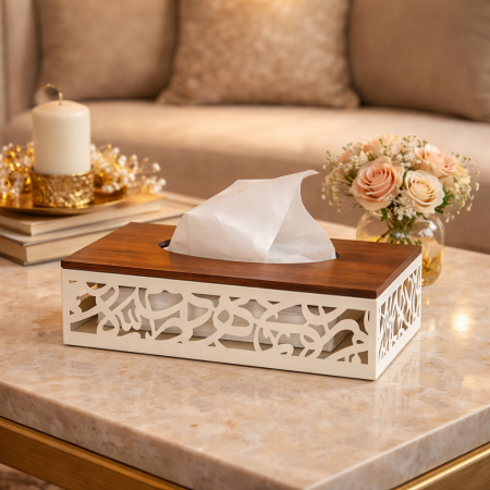 بكيت محارم معدن وخشب خط عربي لون بيج و خشبي