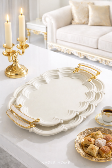 طقم صواني قطعتين ابيض يد ذهبي - وردة