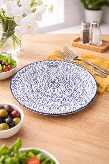 صحن مسطح - ازرق وابيض مع نقشة - حجم كبير