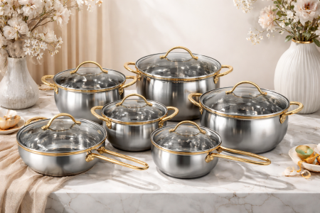 طقم طناجر ستانلس يد ذهبي