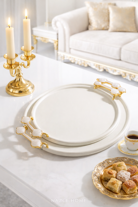 طقم صواني قطعتين دائري يد ذهبي