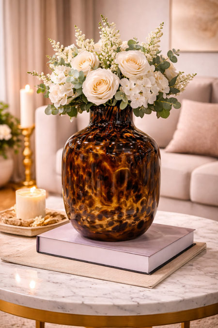 فازة زجاج عسلي منقط اسود 30 سم