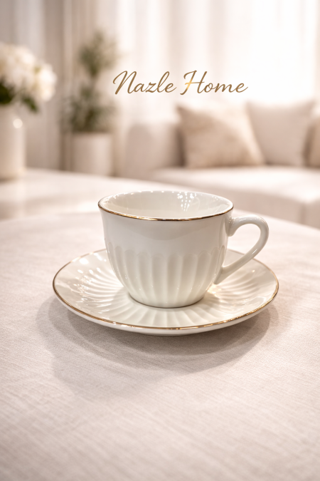 طقم 12 فنجان قهوة ابيض مع حز ذهبي