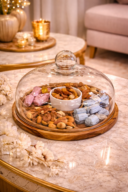 مضيفة تقديم دائري مقسمة خشب غطا زجاج