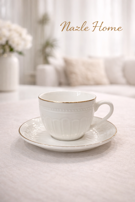 طقم 12 فنجان قهوة ابيض مع حز ذهبي