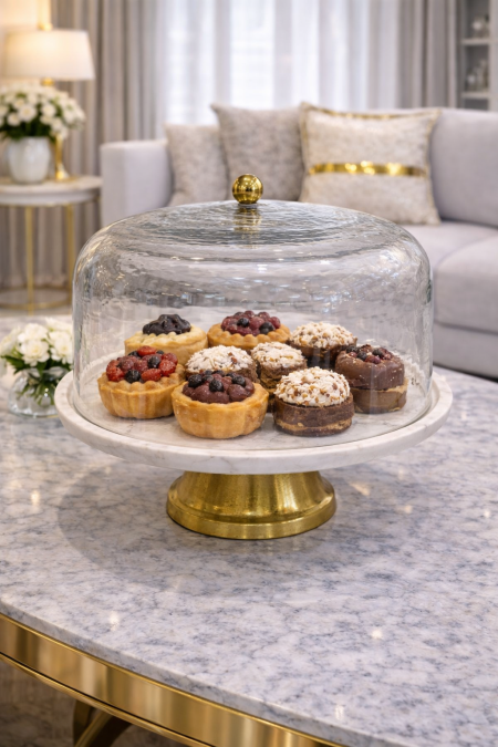 مضيفة تقديم كيك رخام مع قاعدة نحاس