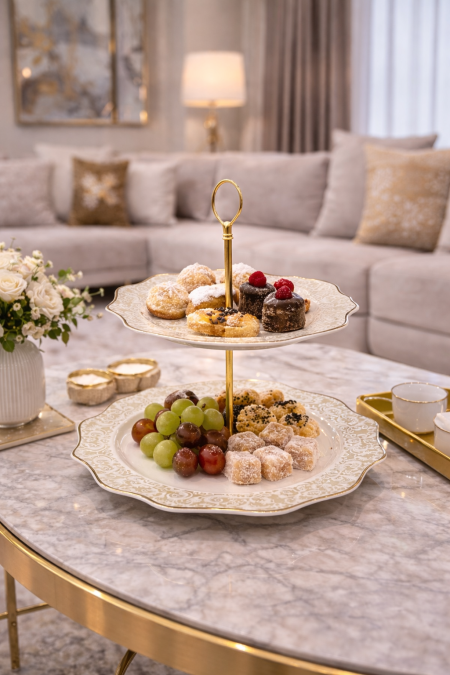 مضيفة طبقتين ابيض مزخرف