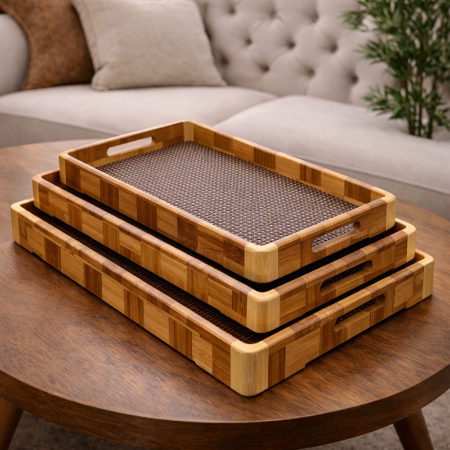 طقم صواني 3 احجام خشب ارضية منقشة